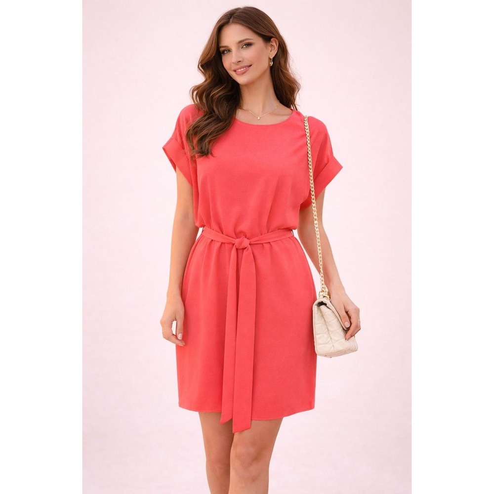 Naked Zebra Women Dress S Coral Sheer Gauzy Shift Tie Waist Relaxed Easy Fit NWT